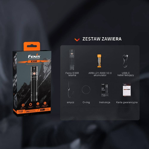 Fenix - Світлодіодний ліхтар LED E35 v3 з USB-C - 3100 лм - 5000 мАг - чорний - E35RLSBK