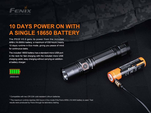 Fenix - Тактичний світлодіодний акумуляторний ліхтар - 1700 люмен - 2600 мАг - Чорний - PD35 V3.0