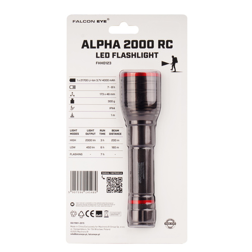 Falcon Eye - Ручний ліхтар Alpha 2000 RC - Строб - Фокус - 2000 лм - Чорний - FHH0123