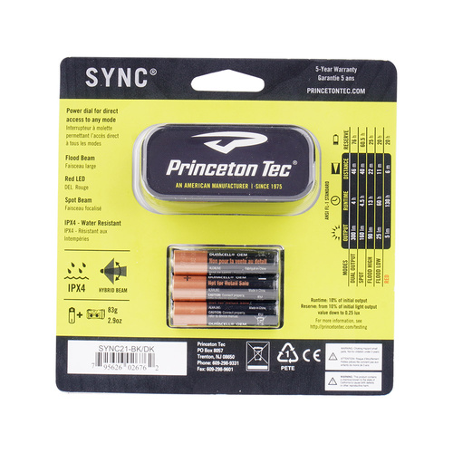 Princeton Tec - Ліхтар налобного ліхтаря Sync - 300 лм - чорний - SYNC21-BK/DK