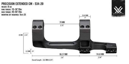 Vortex Optics - Прецизійне подовжене кріплення - 34 мм - 20 MOA - чорний - CM-534-20