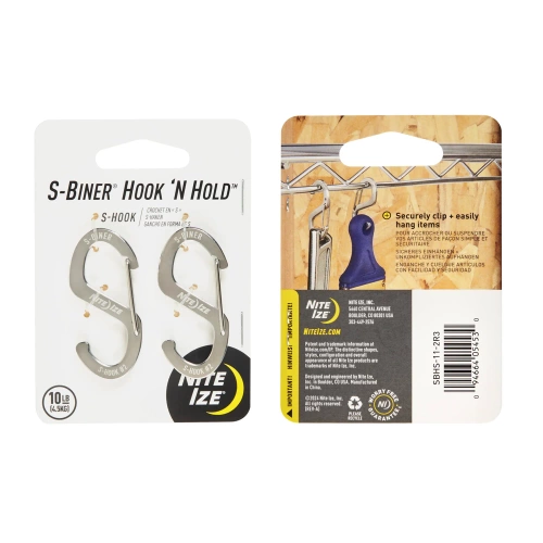 Nite Ize - гачок  S-Biner Hook 'N Hold S-Hook Small - 2 шт. - Сталь - Срібло - SBHS-11-2R3