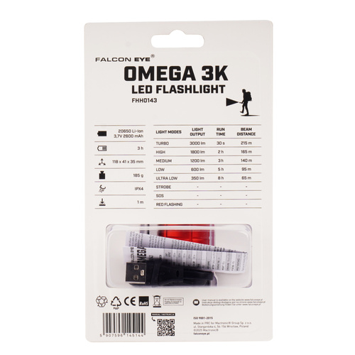 Falcon Eye - Ручний ліхтарик Omega 3K - стробоскоп - 3000 лм - Чорний/Червоний - FHH0143