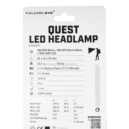 Falcon Eye - Ліхтар налобний Quest - 415lm - USB-C - Перезаряджається - Dual Power System - Сірий - FHL0035