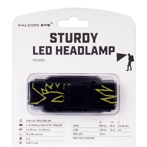 Falcon Eye - Налобний ліхтар Sturdy - 500lm - USB-C - чорний - FHL0134
